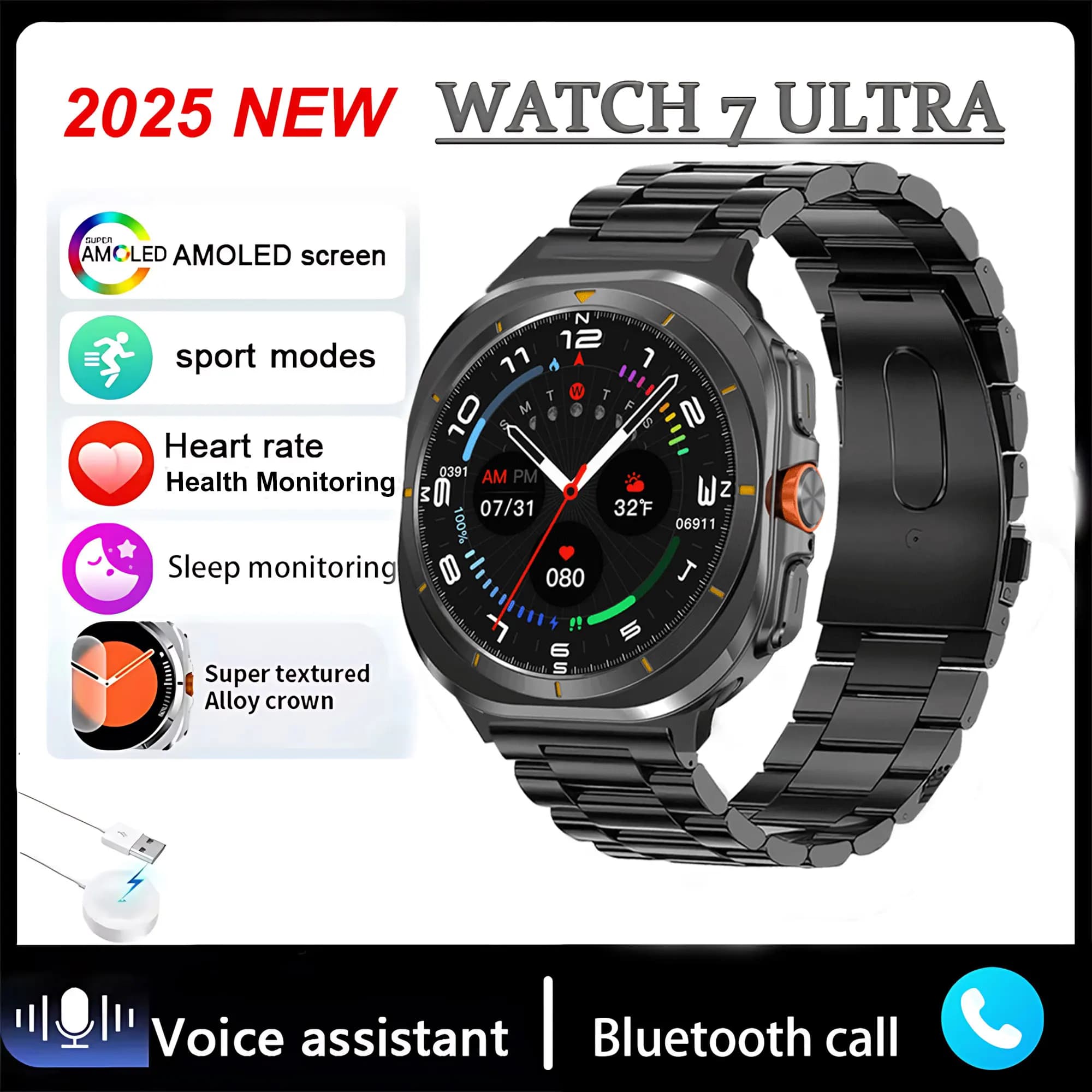 2025 New Smart Watch 32GB Memory Video Player NFC 1.5 inch AMOLED Sports Fitness Tracker Smart Watch for Watch 7 Ultra