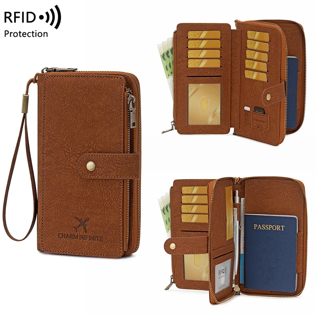 Passport Wallet with RFID Protection, Large Capacity Travel Document Organizer with Pulse Strap, Passport, Identity Card, Credit Card and Cash