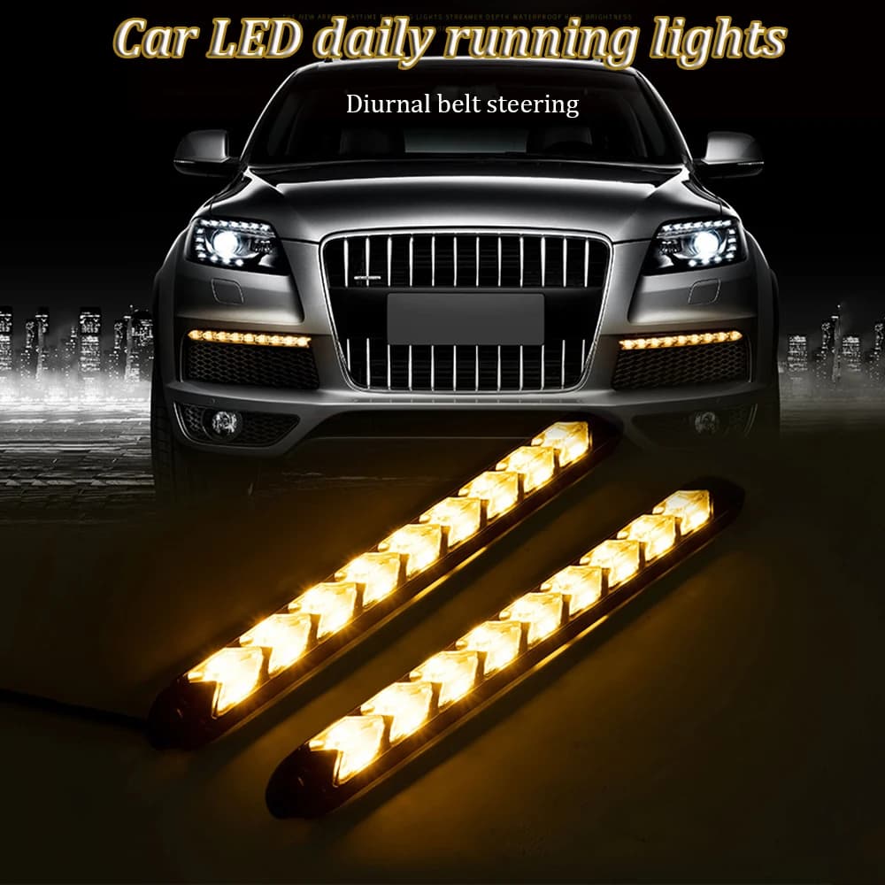2Pcs Dynamic Red Car DRL LED luci di marcia diurna striscia faro impermeabile indicatore di direzione giallo 12V Flow lampada sequenziale automatica