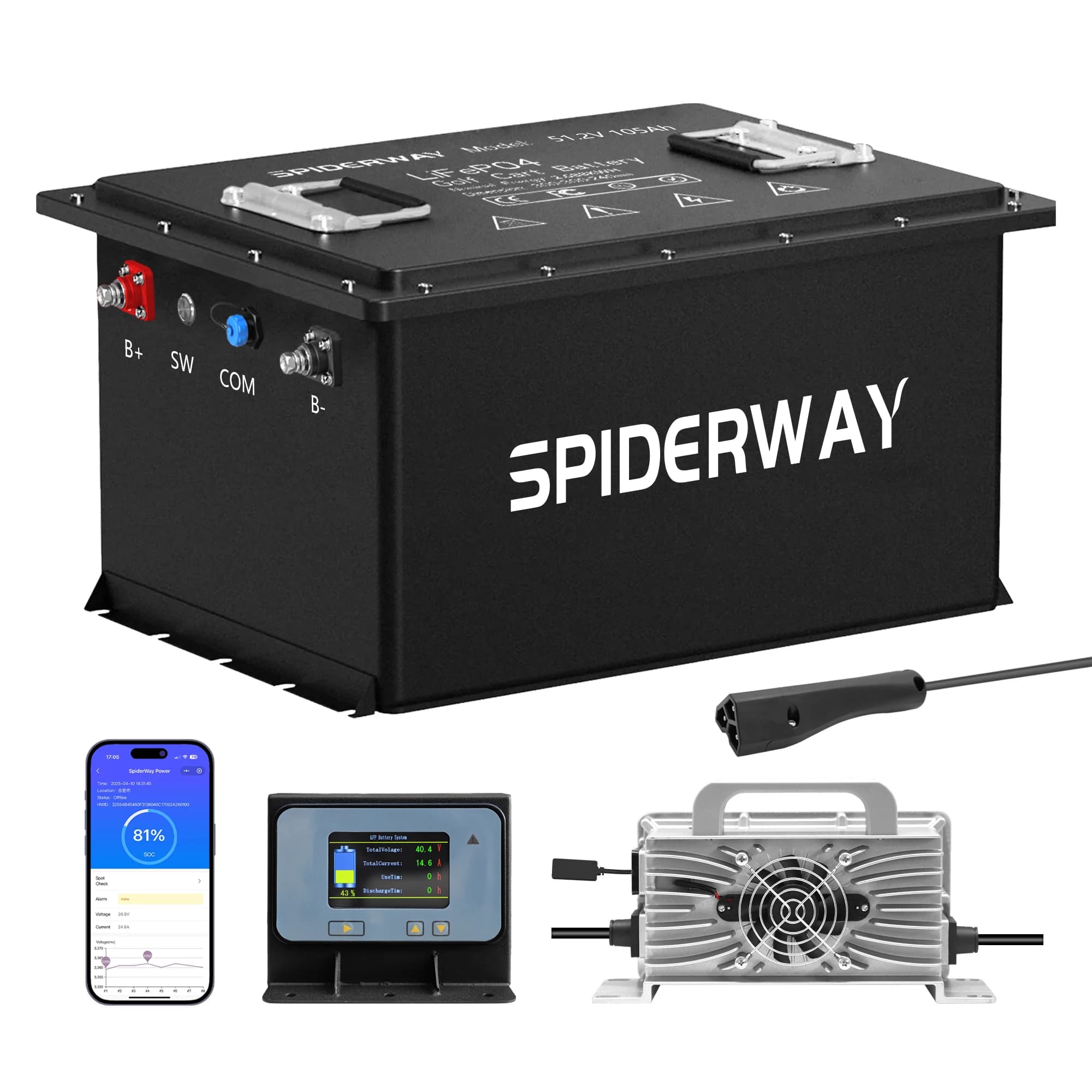 Lithium Battery LiFePO4 48V 105Ah for Golf Cart, BMS 200A, 6000+ Cycles, 10 Years of WARNING with Charger 25A