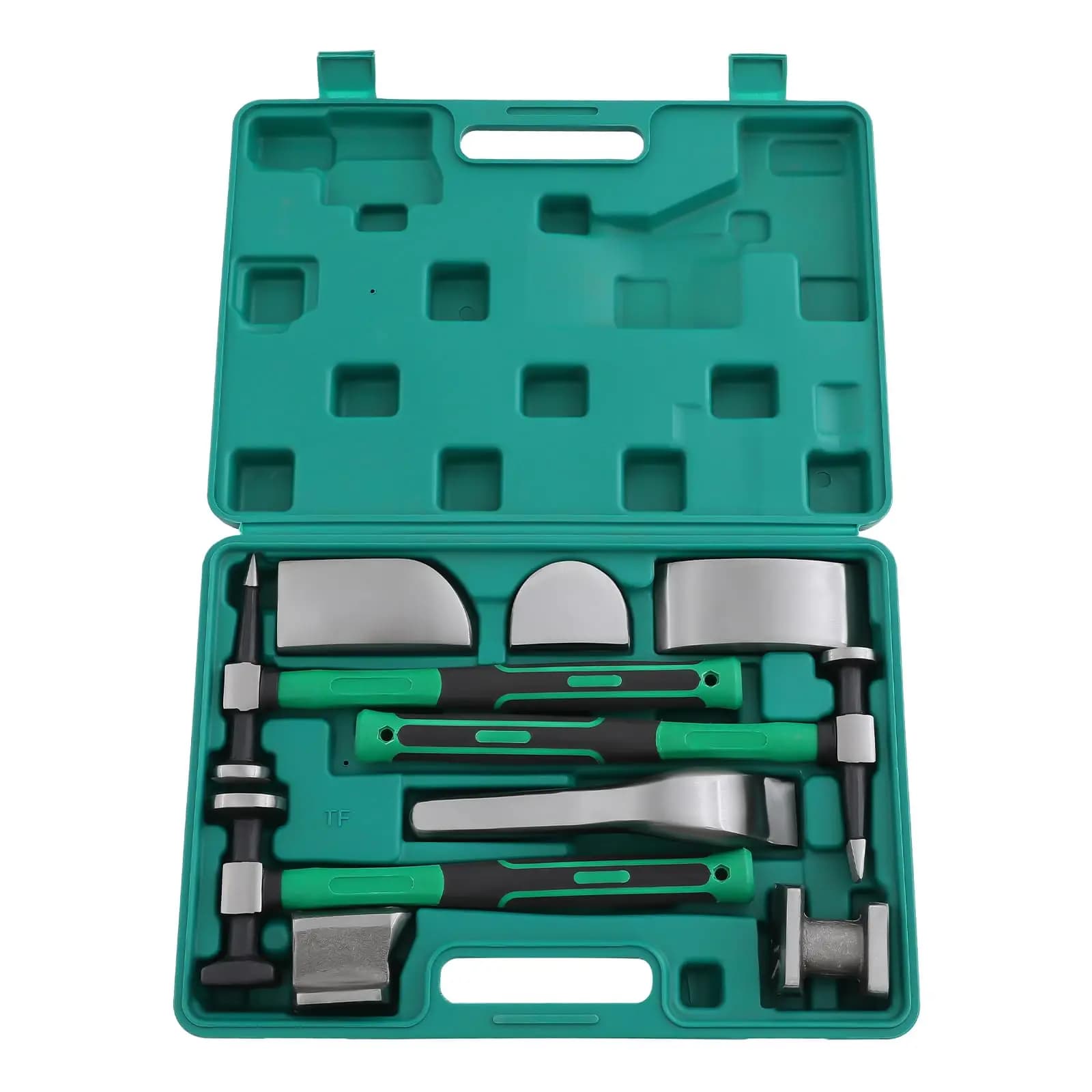 Kit di riparazione carrozzeria da 9 pezzi, kit di strumenti per riparazione ammaccature con rullo parafango, martello per riparazione carrozzeria e set di carrelli con cassetta degli attrezzi, modellatura di lamiere per auto