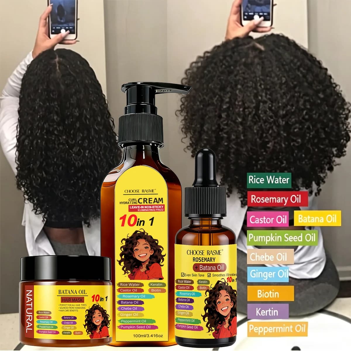 3-piece hair care set: Batana oil hair mask, leave-in curl cream, rosemary hair oil, 10-in-1 formula, moisturizing and hydrating, tames frizz