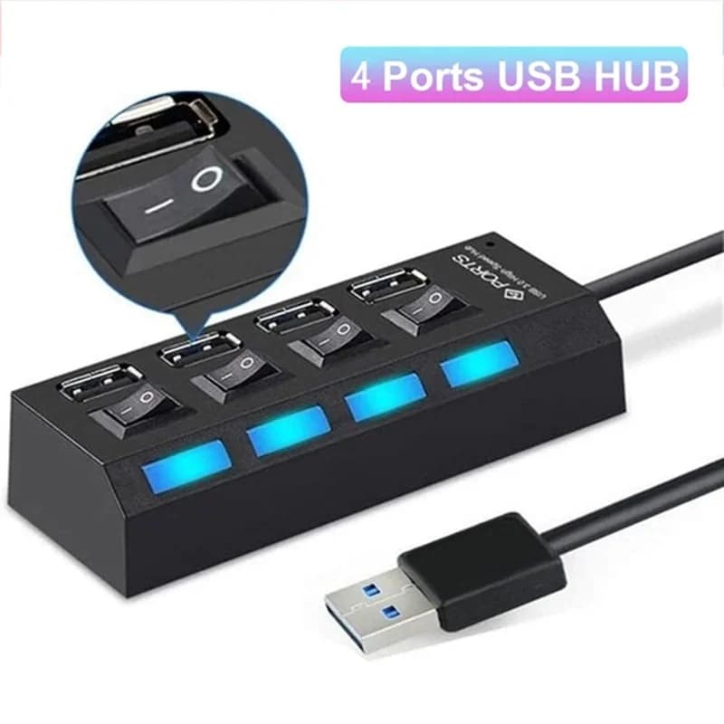 Hub USB 2.0 a 4 porte con adattatore di alimentazione e interruttore LED ON/OFF, espansore multiplo per PC, laptop, MacBook e accessori desktop
