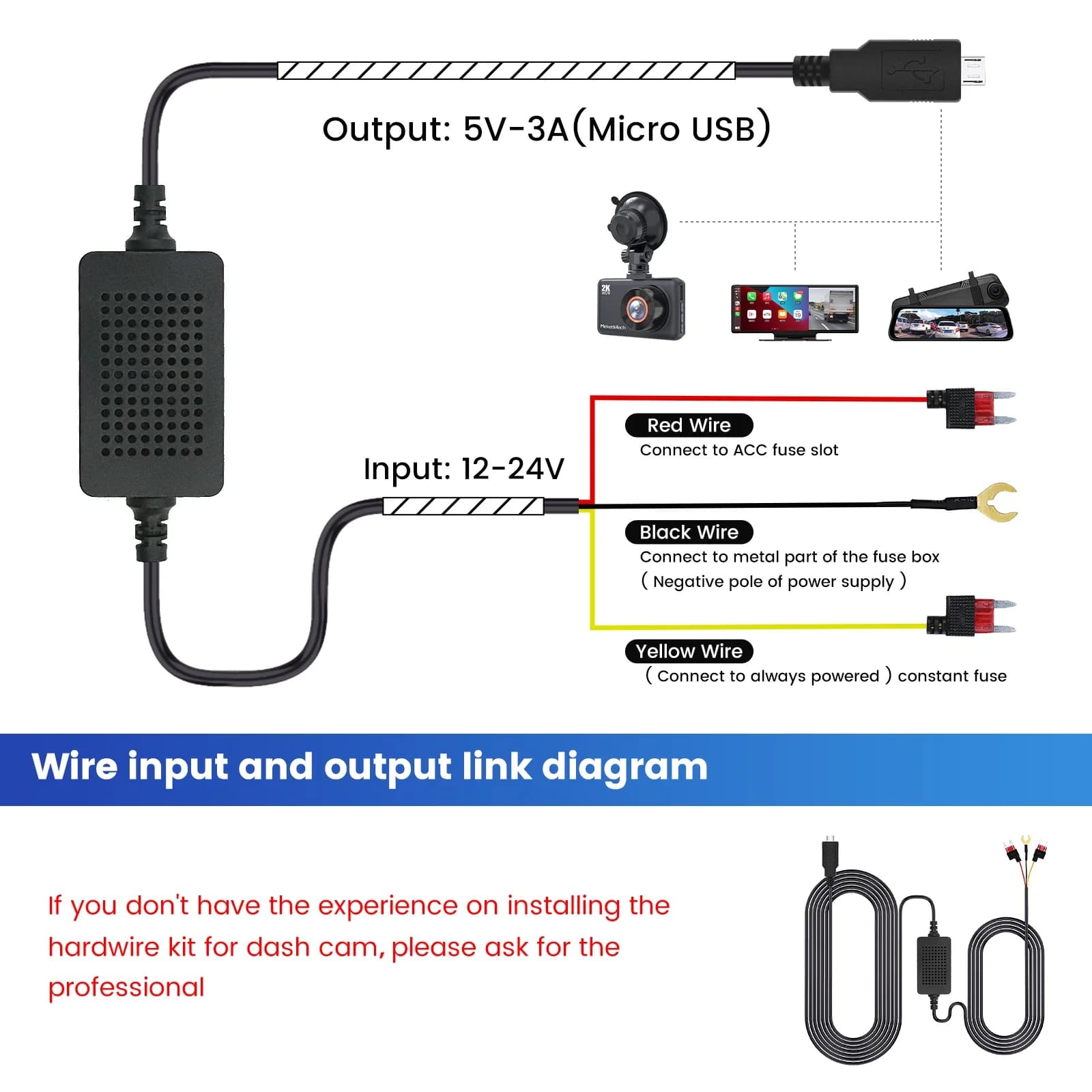 3A 3.5m Dash Cam for Car Mini / Micro USB / Type-C Dashcam Interface Charger Rear Camera Rigid Cable Kit 12-24v Step-down Line