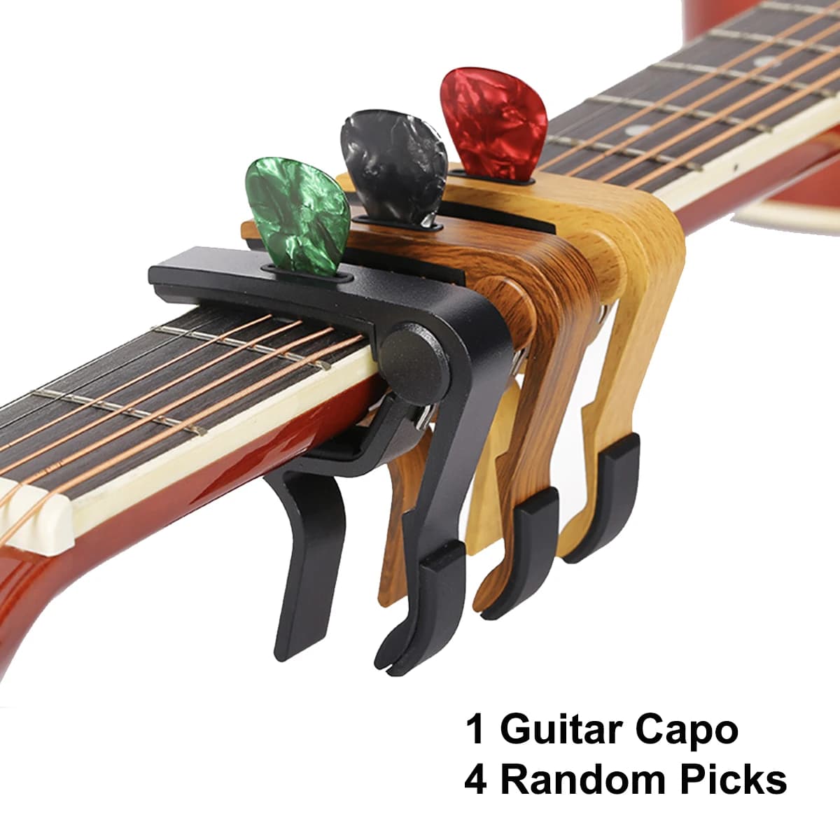 Clip di regolazione del capotasto per chitarra Eccellente supporto per plettri in metallo per chitarre elettriche acustiche Basso Ukulele con 4 plettri