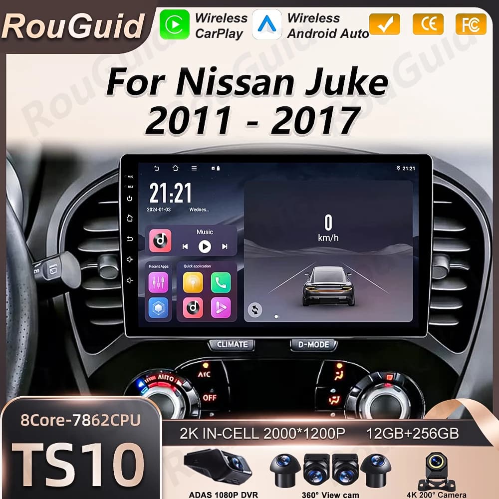 Autoradio Carplay per Nissan Juke YF15 2010 2011 2012 2013 2014, Lettore Multimediale Android Auto con DSP, Navigazione GPS, Wi-Fi 5G