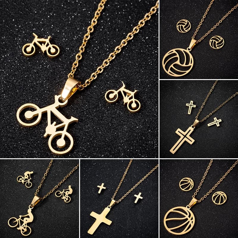 Women's casual sports stainless steel basketball necklace Classic jewelry set with cross Gift accessories for sports earrings