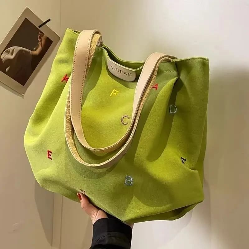 Large Capacity Canvas Bag: Fashionable Bag with Embroidered Letters for Girls, Small and Fresh Student Shoulder Bag