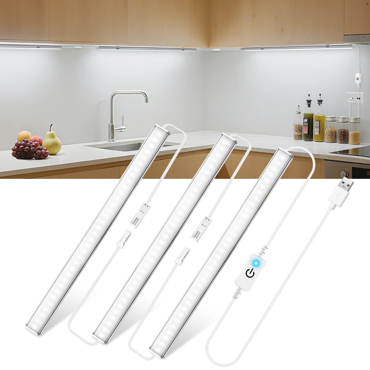 Luce per armadio USB 5V Interruttore tattile con regolazione continua Tubo LED da 30 cm Illuminazione notturna per armadio da cucina Sala da lavoro Scarpiera