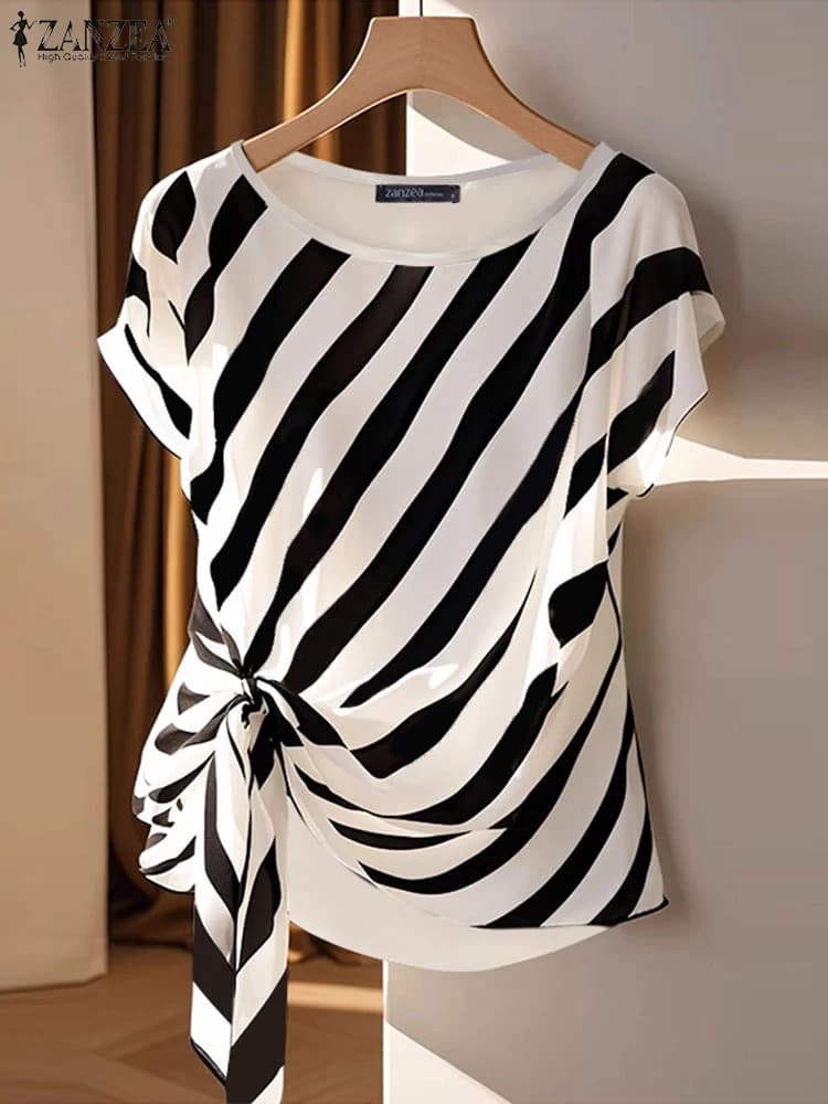 ZANZEA 2024 Fashion Wrinkles Printed T-shirts And blouses Trained Sleeve Short Shirt Casual Summer Holiday With Belt Tunics Casual Korean Simple T-shirts And blouses