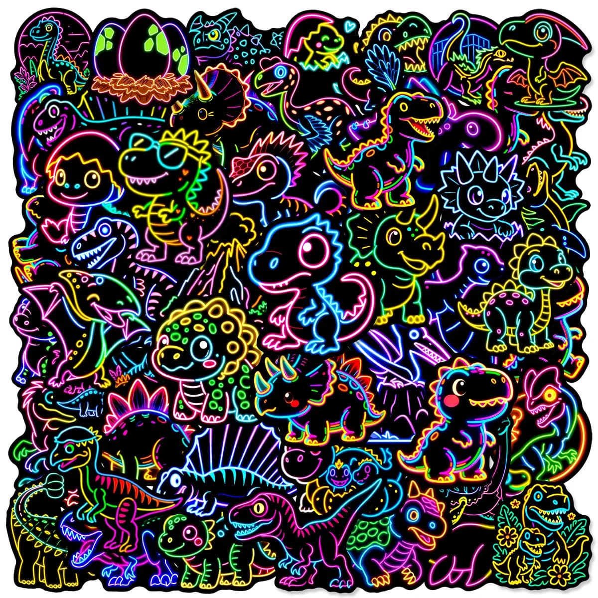 Confezione da 50 Adesivi Graffiti Stile Q con Dinosauri Neon, Impermeabili, Decorativi per Telefono, Tablet, Quaderni, Cancelleria per Studenti