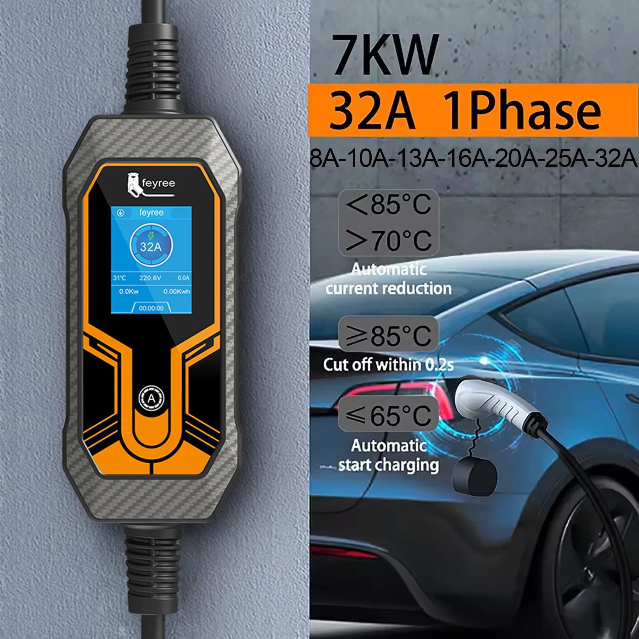feyree Portable charger EV Wallbox Type2 Cable 32A 7KW with EEC plug EVSE Type1 Refill box Adapter j1772 for electric vehicle