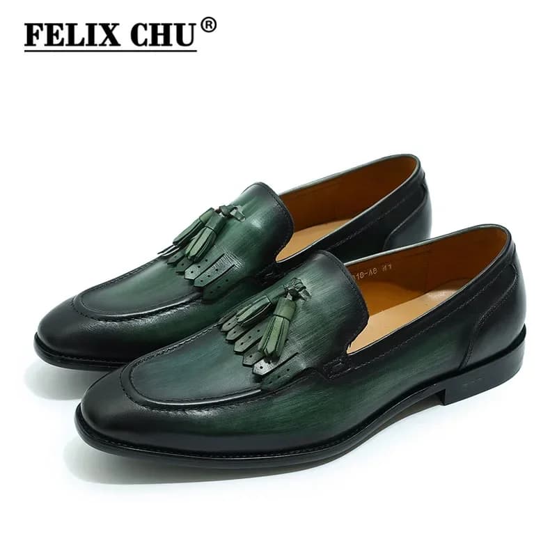 FELIX CHU Hand-made moccasins made of genuine leather for men Green/Black Elegant shoes with tassels Autumn Moccasin Wedding Dresses