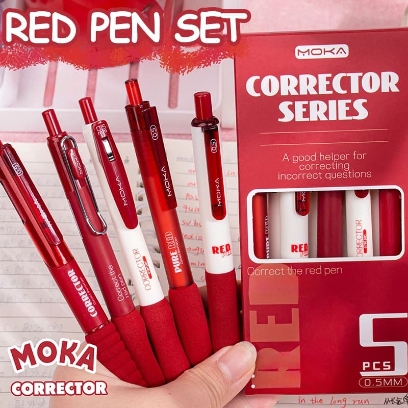 Penna a inchiostro rosso da 5 pezzi, set di varietà con segno di correzione Penna rossa tipo push 0. Set di penne gel per la correzione della penna rossa da 5 mm, set di penne gel