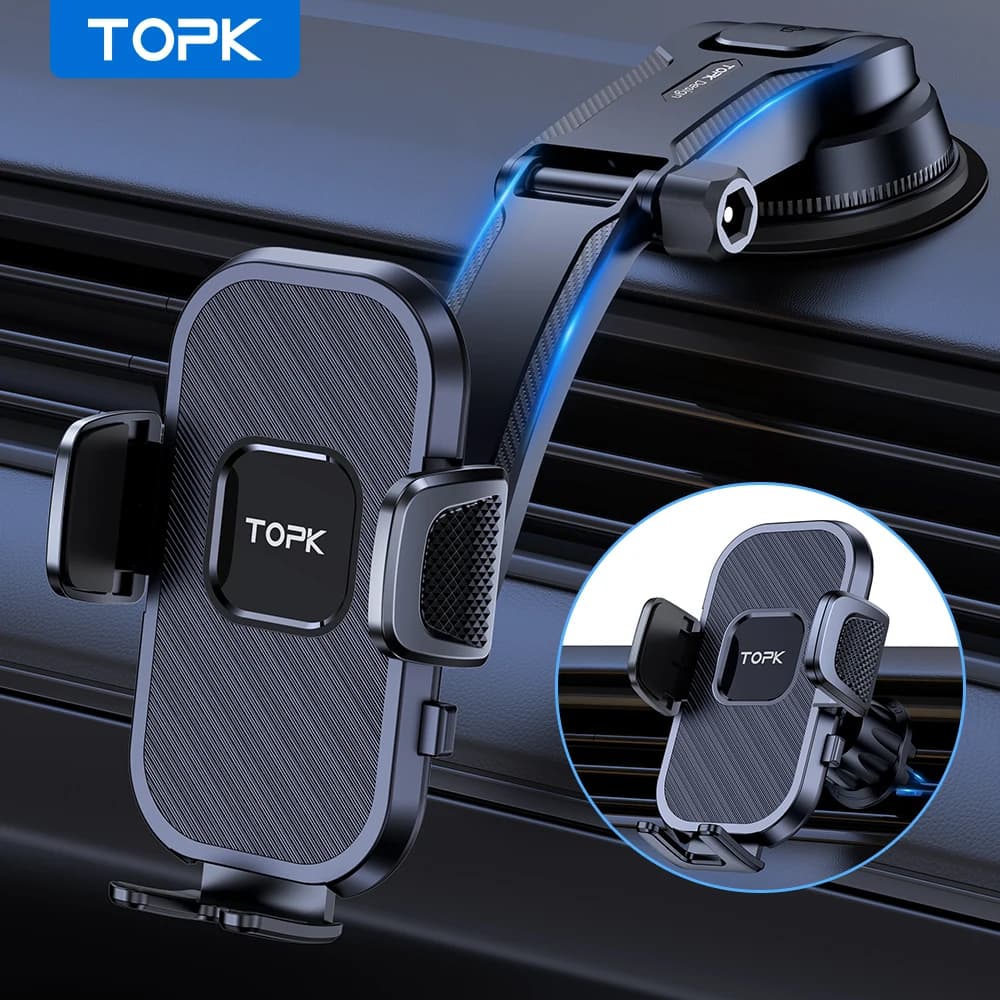 TOPK Car Phone Support Air Suction Fan Support for iPhone Xiaomi Samsung Mobile Auto Support GPS Support Dashboard Bracket