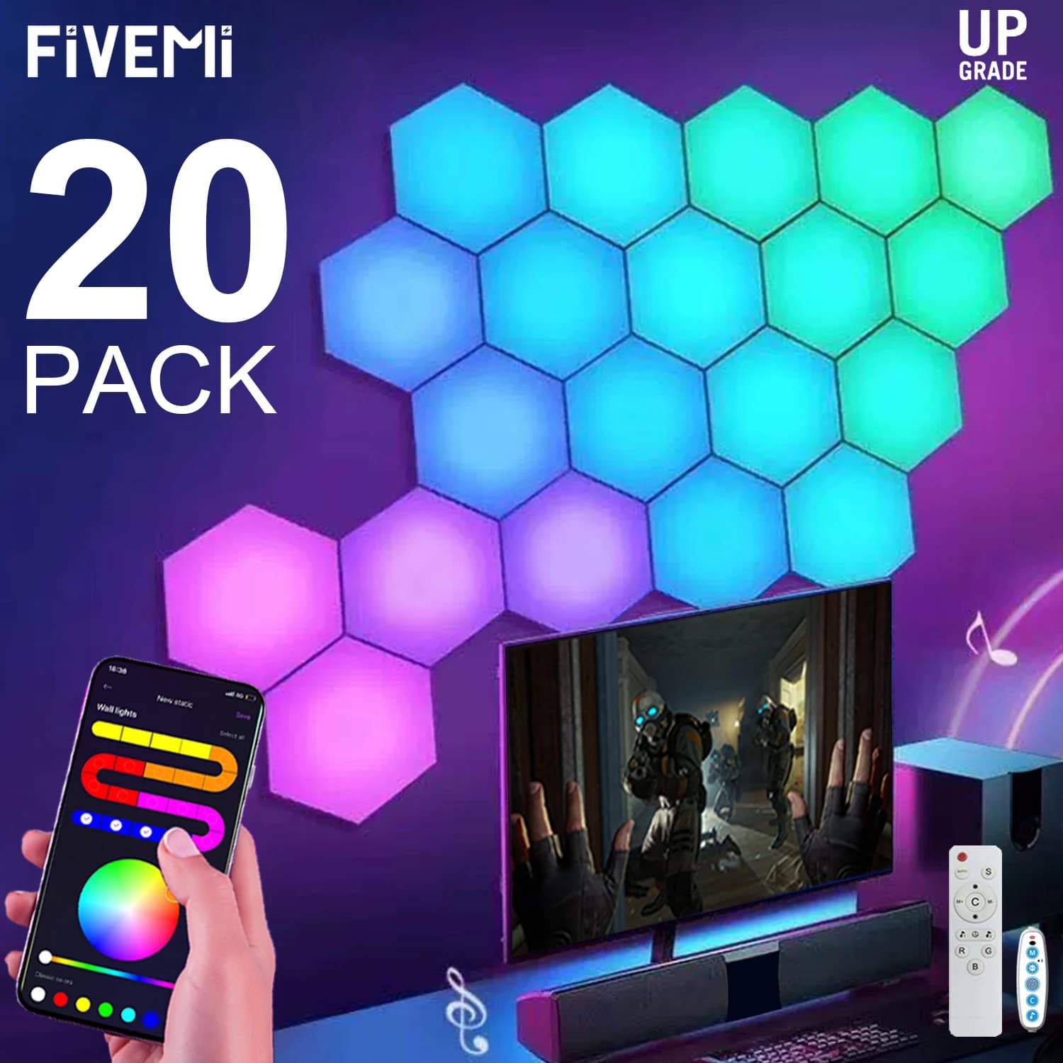 Fivemi RGB Lampada da parete esagonale intelligente Cambia colore Luce notturna ambientale Esagonale DYI Ritmo musicale Controllo APP Sala giochi Camera da letto