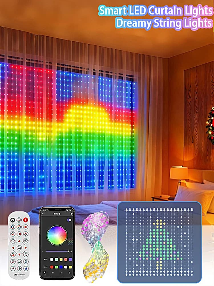 2m*2m/3m Smart Curtain Lights Bluetooth App LED String RGB Fairy Lights DIY Music Change Display for Window Bedroom Decoration