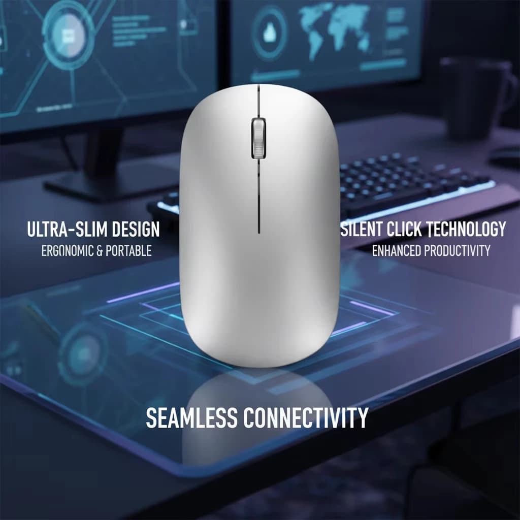 Mouse silenzioso a doppia modalità, wireless 2.4G + Bluetooth, ricaricabile, 1600 DPI, 4 pulsanti, mouse dal design ergonomico per computer portatile e ufficio