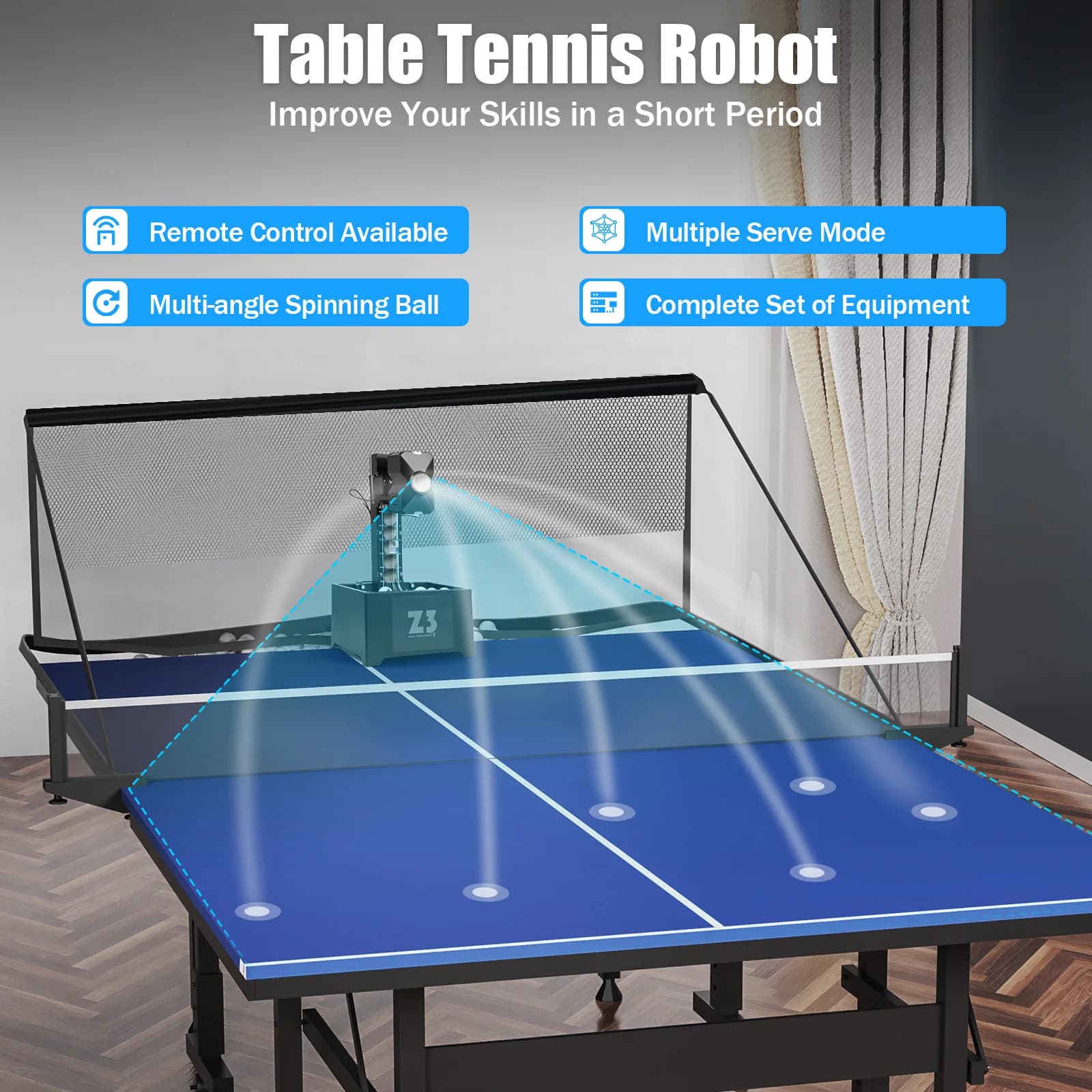 Robot da ping pong con rete e 100 palline da ping pong Macchina da lancio a 10 modalità per centro di allenamento scolastico in palestra