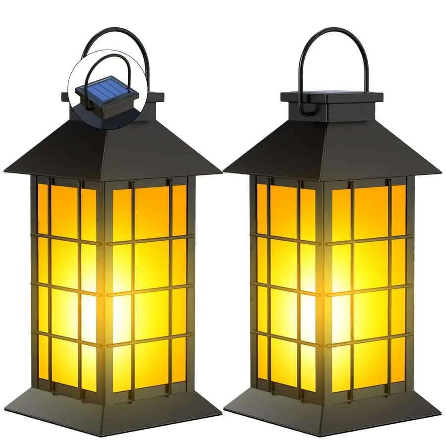 Set of 13 Black Solar Lanterns with Effetto Fiamma Tremolante, Solar Outdoor Lanterns Waterproof, Metal Lights and Garden Glass