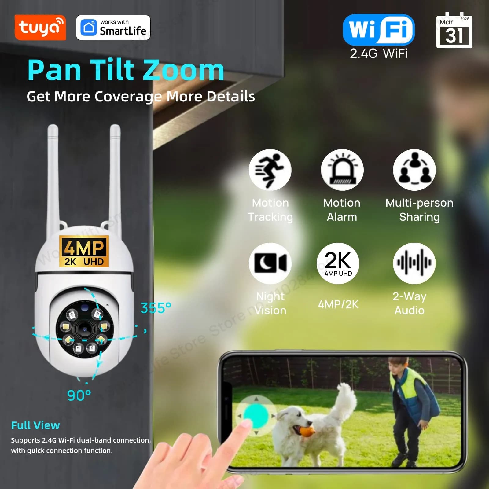 Tuya Smart 2.4G WiFi Telecamera interna Sorveglianza video di sicurezza domestica intelligente Supprt Audio bidirezionale Movimento mobile