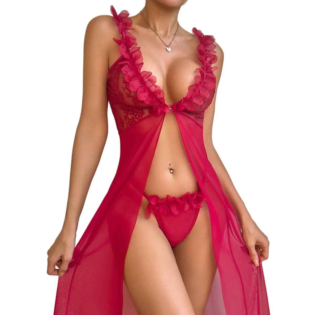 Women's Sexy Set in Red Lace, Vestaglia e Perizoma, 2 Pieces, Transparent Lingerie on the Net, Kimono in Satin with Intimo, Valentine's Gift