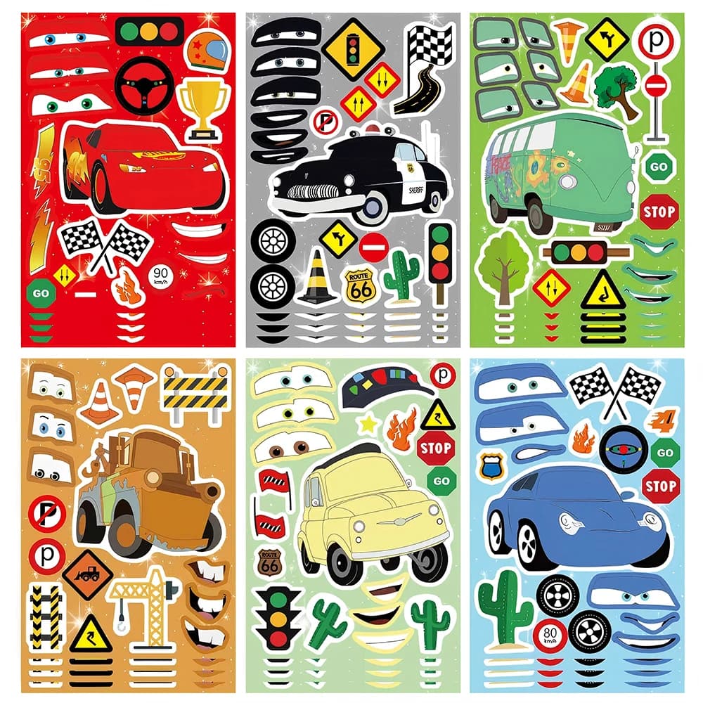 6/12Sheets Make a Face Cartoon Cars Lightning McQueen Puzzle Stickers Disney Anime Assemble Jigsaw Toys Decoration Party Decals
