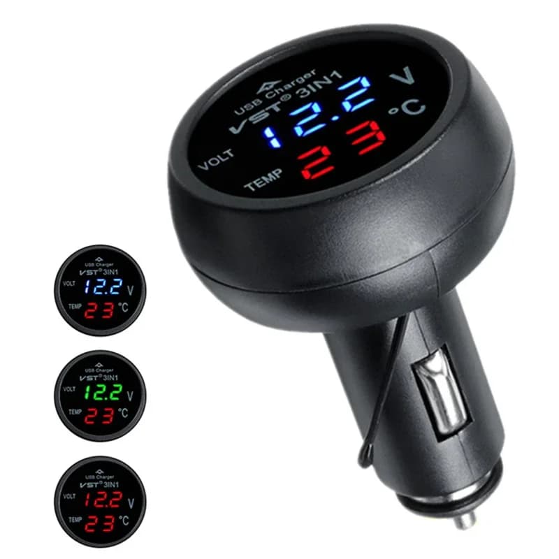 3 in 1 12V/24V LED Amperometro digitale Voltmetro Termometro USB per indicatore di temperatura e tensione della batteria dell'accendisigari dell'auto
