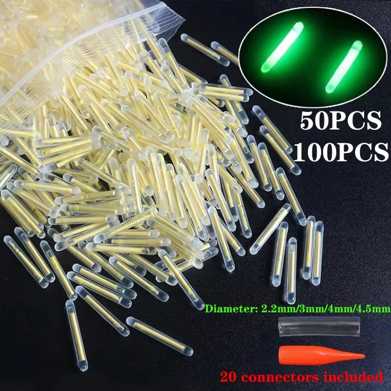50/100Pcs Fishing Light Stick Glow in Dark Rod Tip Lights Fluorescent Night Fishing Luminous Bobber Bait Attractors2.2/3/4/4.5mm