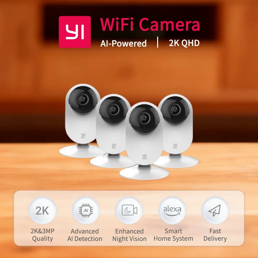 YI 4pc 2K Home Pro Camera 3MP Wi-Fi IP Sistema intelligente di sorveglianza di sicurezza con visione notturna Baby Monitor su iOS, Android