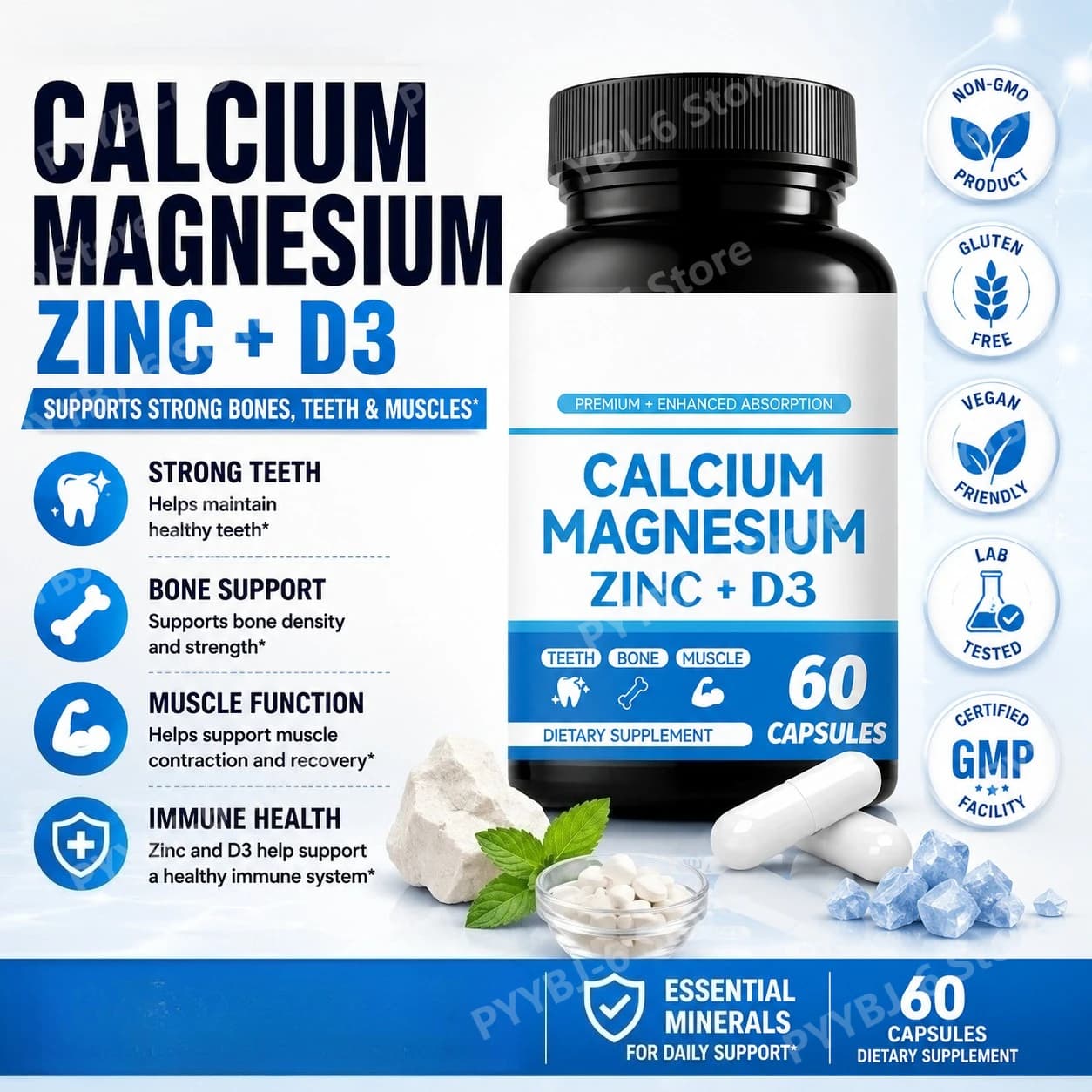 Integratore di Calcio, Magnesio, Zinco e Vitamina D3 ad Alto Assorbimento, Non-OGM, Supporto Quotidiano per Adulti, 60 Capsule per la Salute delle Ossa e del Sistema Immunitario
