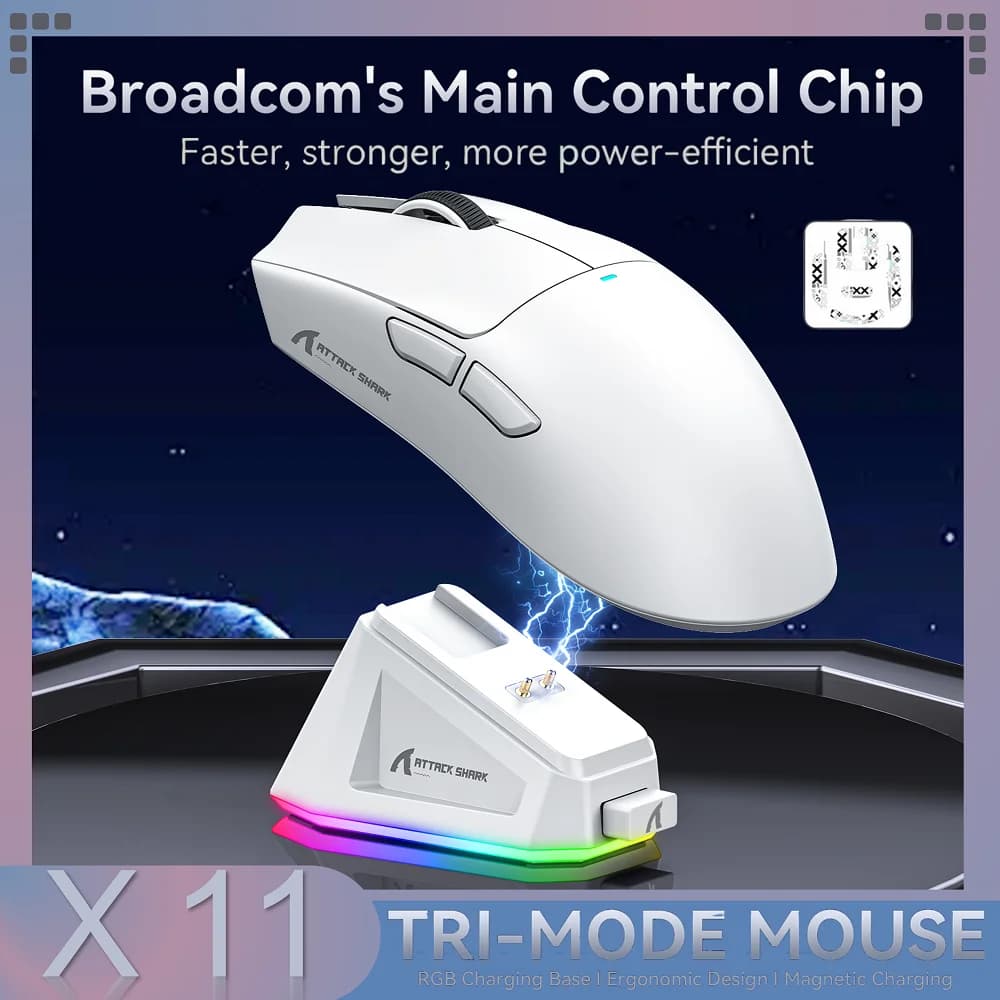 Mouse wireless Attack Shark X11, mouse tri-modale Bluetooth/2.4G/cablato, mouse da gioco con dock di ricarica magnetico PAW3311 RGB