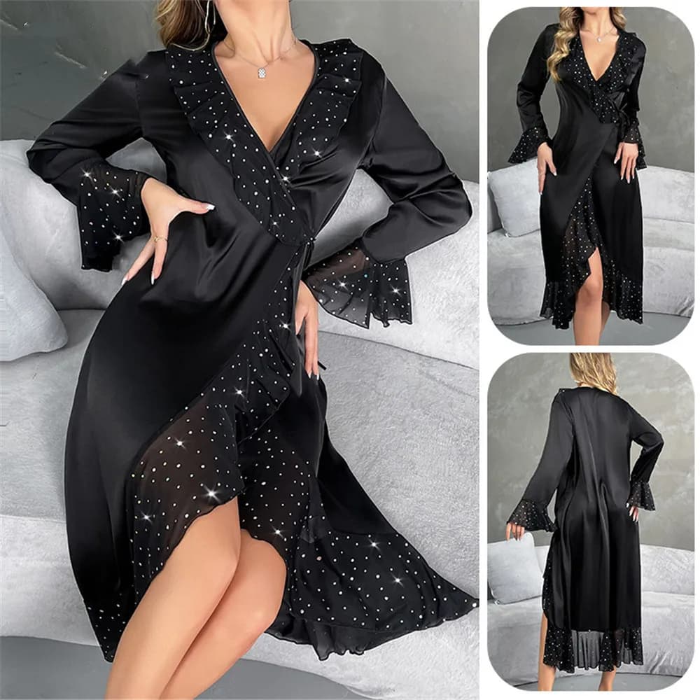 Brilliant lace volant satin dress sexy kimono black sleeve long robe spring summer woman night clothes for home