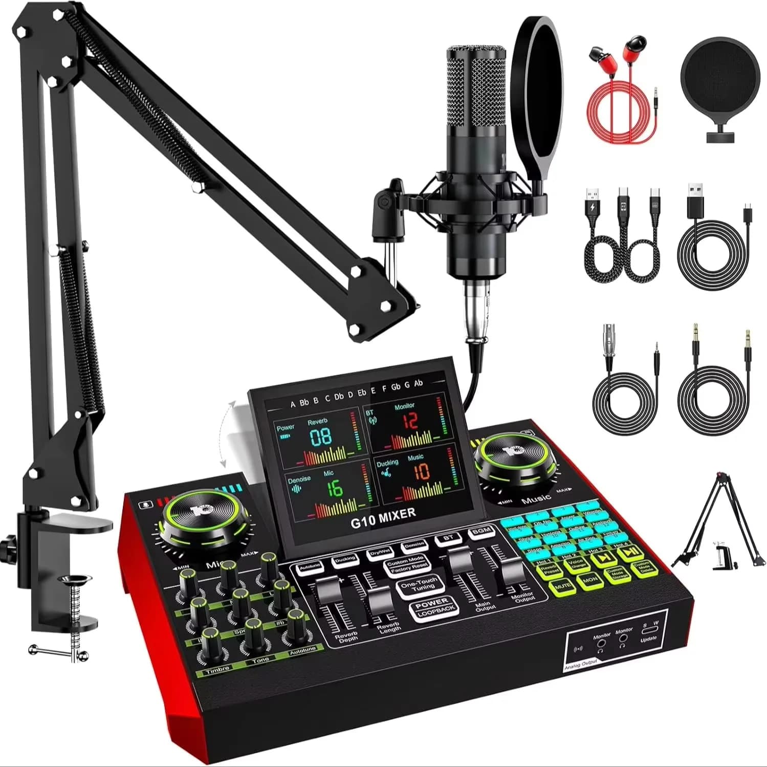 Tenlamp G10 Live Streaming Audio Interface Gaming Audio Mixer, Podcast Equipment with 3.5mm Condenser Mic,Sound Card for PC/Phone Podcast Recording, Voice Changer, Denoise,Phantom Power,Reverb,Music Power Conditioner Karaoke Machine