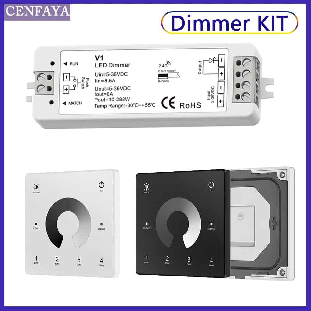 V1 LED Dimmer 1 CH 5V 12V 24V 36V 4 Zone Kit di regolazione per strisce LED monocolore Wireless 2.4G RF Interruttore tattile con telecomando Dimmer