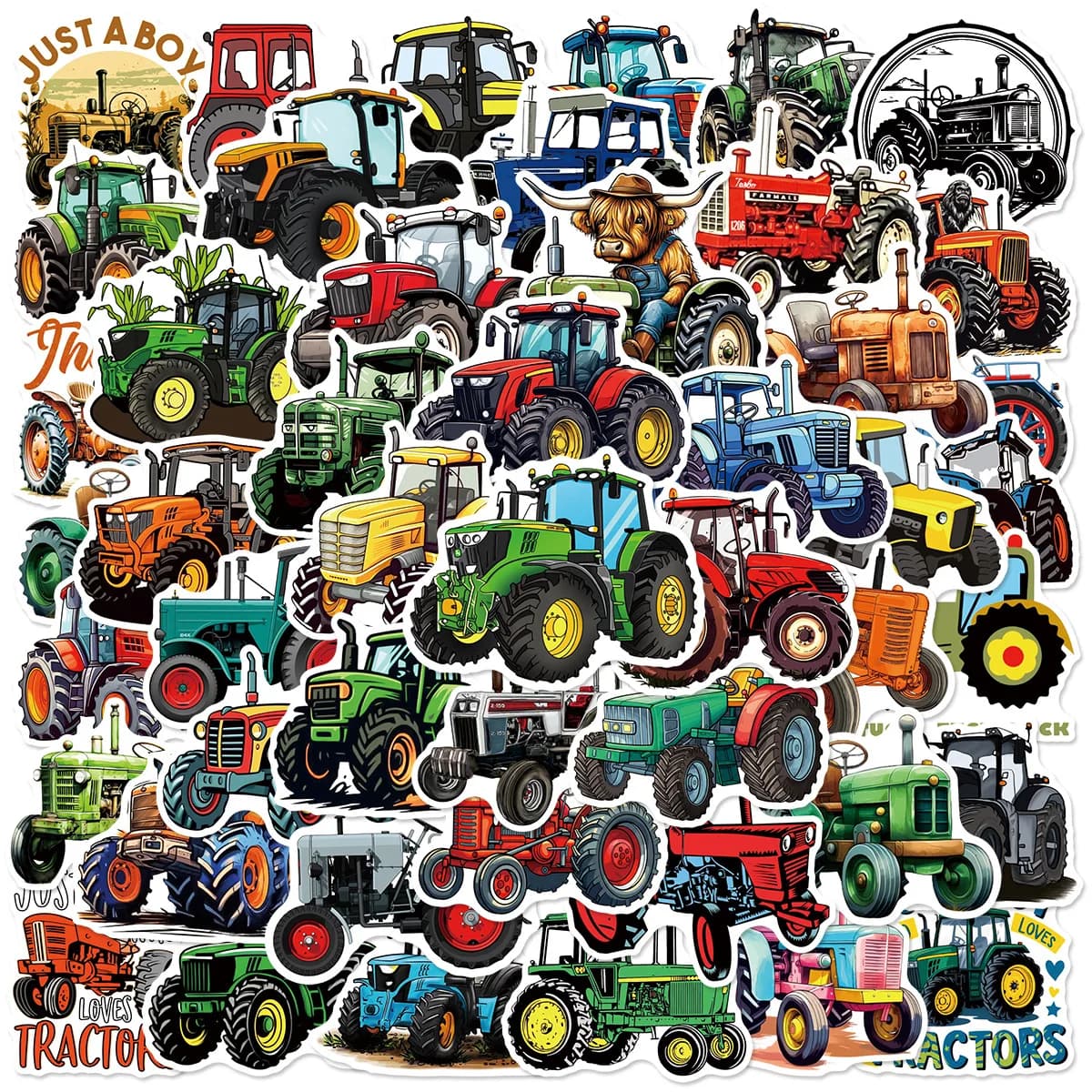 50/100 Pezzi Adesivi Colorati HD a Tema Trattore Agricolo, per Decorazione Fai-da-Te di Custodie per Telefoni, Album, Valigie, Laptop, Decalcomanie Spesse e Impermeabili