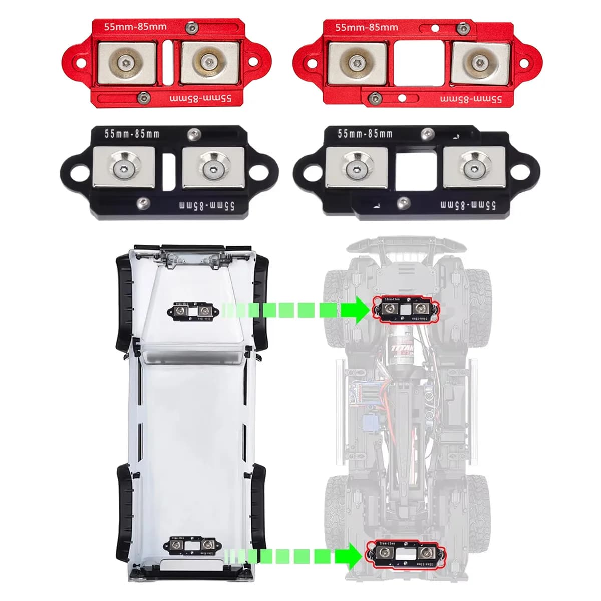 4PCS 55-85 millimetri Magnete Regolabile Corpo Messaggi Invisibile Magnetico Auto Borsette di Montaggio per 1/10 RC Crawler Axial SCX10 TRX4 TRX-6