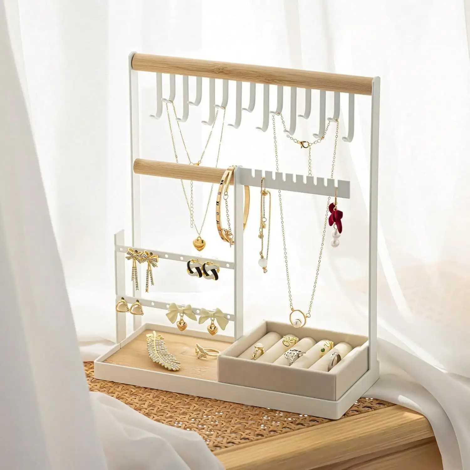 4‑Tier Jewelry Display Stand Desktop Jewellery Organizer With 15 Hooks & 16 Earring Holes Velvet Ring Tray For Necklaces Bracelets Earrings Rings Storage