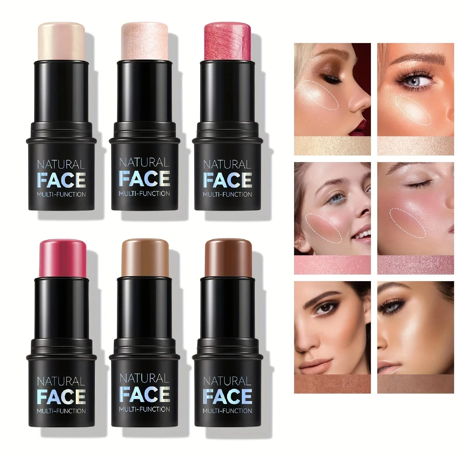 Bastoncini contorno crema, tonalità con evidenziatore, bronzer e fard, penna contorno viso non grassa e resistente all'acqua