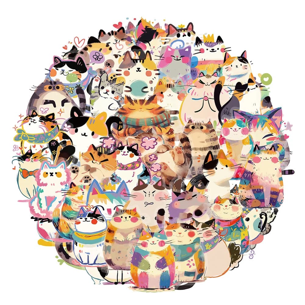 10/30/50pcs Transparent Colorful Cat Animal Stickers Cute Cartoon Sticker Water Bottle Phone Notebook Creative Decals Decoration