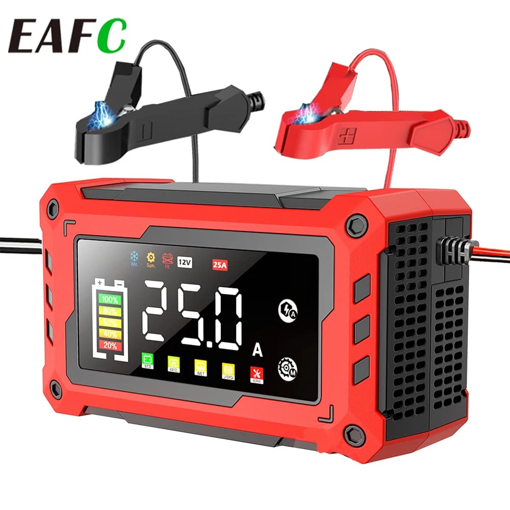 EAFC 12V-24V Caricabatteria per auto 15A 25A Pulse Repair Ampio display a LED Caricabatterie intelligente Batteria per auto Moto Vecchie batterie