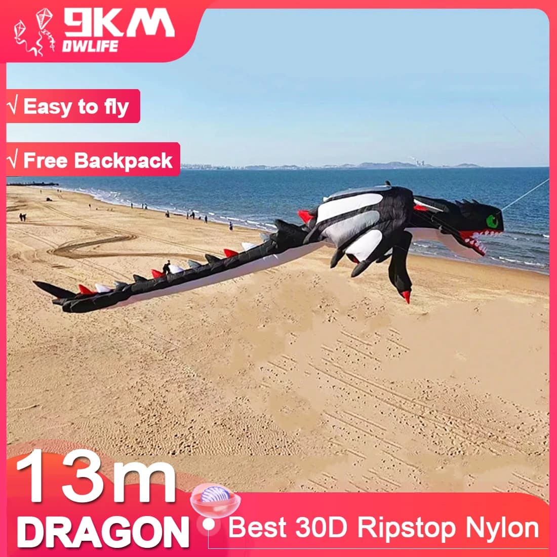 9KM 13m Dragon Kite Line Laundry for Adults, High Quality Nylon Ripstop, Soft, Inflatable, with Fish Shape Pendant (We accept wholesale)