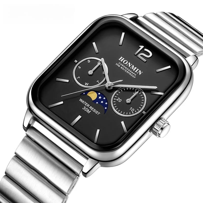 Multifunction watch with moon phases, small square dial, men's watch, women's watch, quartz watch with waterproof steel strap, trendy
