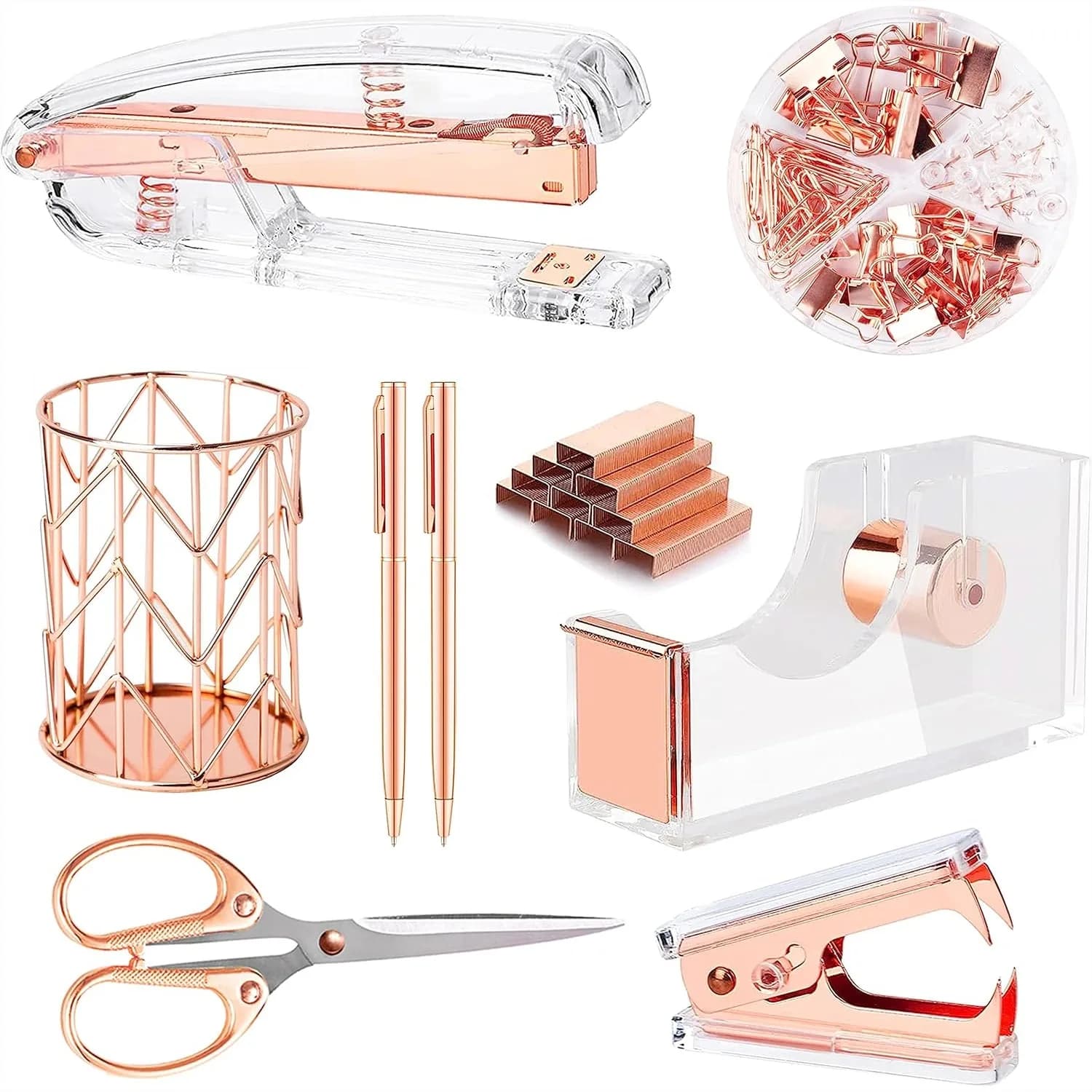 Set di Accessori da Scrivania in Oro Rosa con Graffettatrice, Smagliacavo, Porta Nastro Adesivo, Penne, Forbici, Clip e 1000 Graffette per un'Organizzazione Ottimale