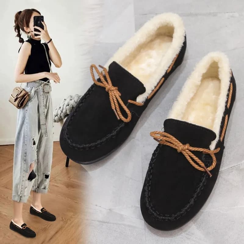 Comfort warm plush bow briefs on women's cotton shoes winter shoes women casual shoes women's moccasins soft fashion