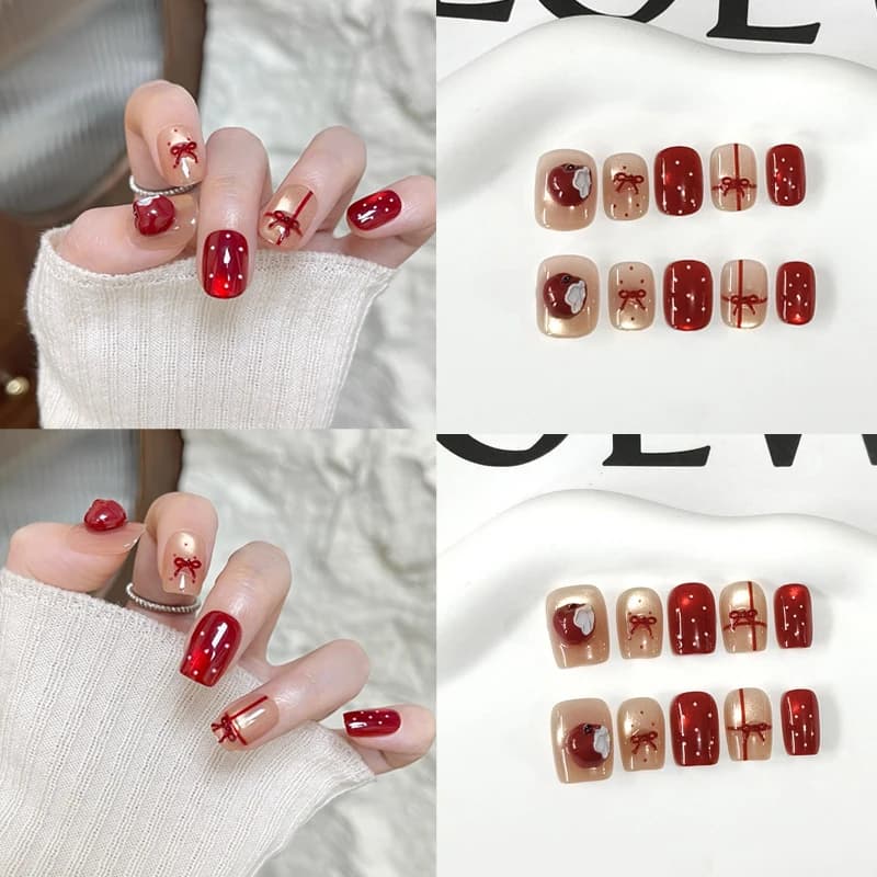 10 Pezzi Unghie Finte Eleganti con Motivo a Pois Rosso e Effetto Occhio di Gatto, Unghie Press-on Stile Nuovo, Unghie Artificiali Rimovibili