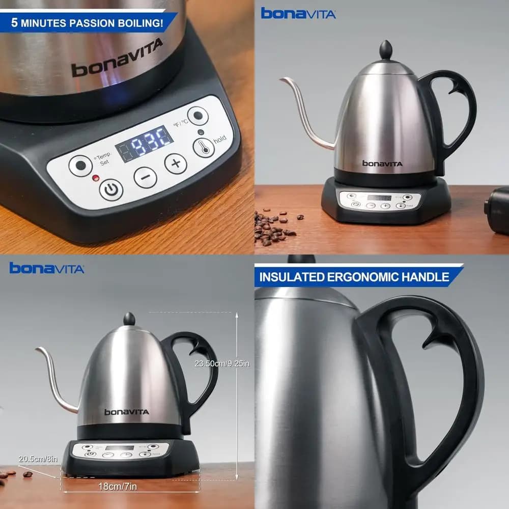 Bollitore Elettrico a Collo d'Oca da 1L con Temperatura Variabile, 6 Temperature Preimpostate, per Preparare Caffè e Tè, 1200W, Display LED, Acciaio Inossidabile