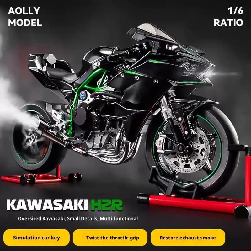 Modello in lega Kawasaki H2R in scala 1:6 di grandi dimensioni: con accensione e fumo funzionanti, modello di auto da collezione da collezione di azione premium