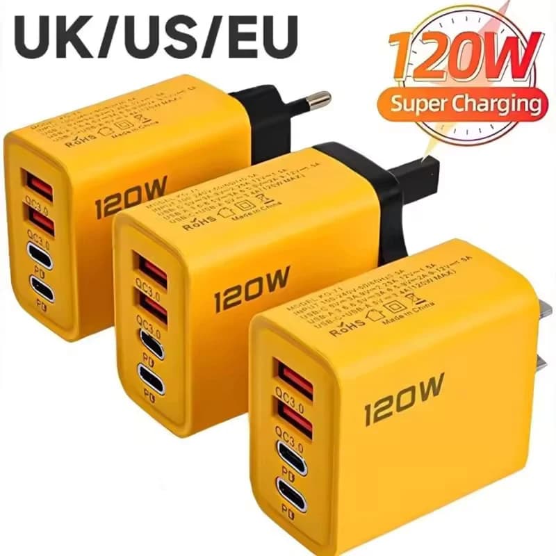 Quick Charger from 120W to 4 ports PD QC3.0 USB Type C, universal multi-tap wall adapter for iPhone, Samsung, Xiaomi, tablet