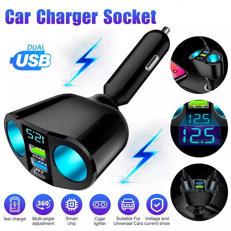 Multiple devices can be loaded at the same time with digital display Dual Door Car Charger Adapter